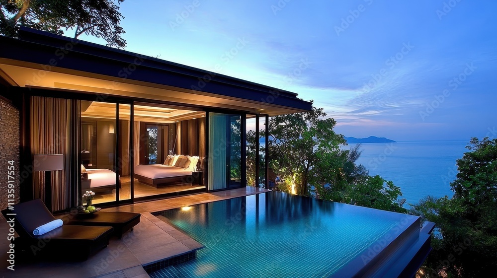 Fototapeta premium Luxury Villa with Infinity Pool and Ocean View: Tranquil Sunset Getaway