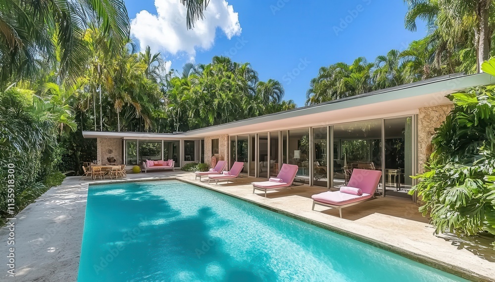 Fototapeta premium Luxury Tropical House with Poolside Relaxation: Miami Modern Architecture and Lush Landscaping