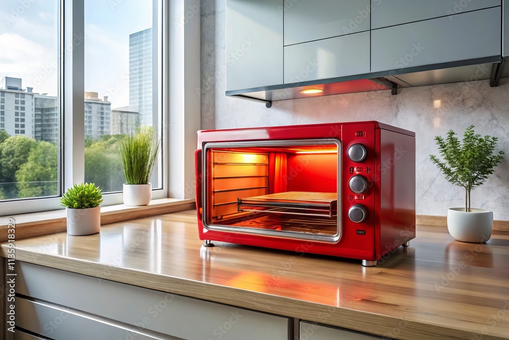 Bright Red Countertop Oven with Open Door, Preheating Light On, Ideal for Cooking Enthusiasts, Perfect Kitchen Appliance for Baking and Roasting, Modern Culinary Equipment Bright Red Countertop Oven with Open Door, Preheating Light On, Ideal for Cooking Enthusiasts, Perfect Kitchen Appliance for Baking and Roasting, Modern Culinary Equipment