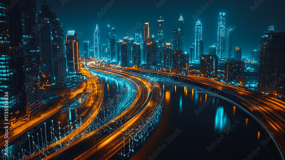 Obraz premium Smart digital Innovation city with connection network reciprocity over the cityscape. of future smart wireless digital city and social media networking systems that connects people with in city