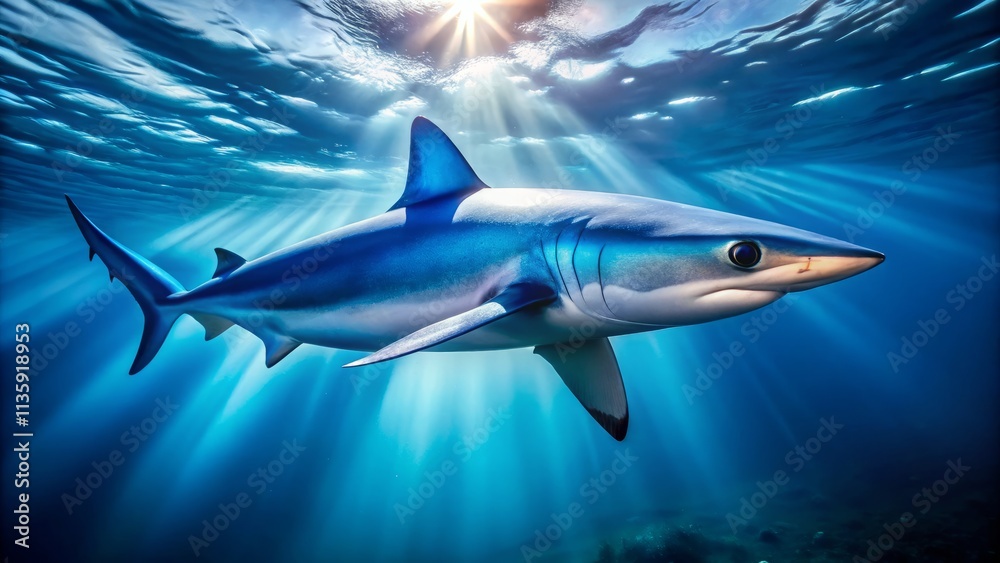 Fototapeta premium Captivating Blue Shark Swimming Gracefully in the Deep Ocean Blue Waters, Showcasing Its Sleek Body and Stunning Colors Amidst a Vibrant Marine Environment