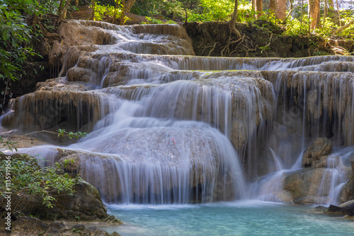 Erawan Waterfall in the rainforest in north of Kanchanaburi, Thailand