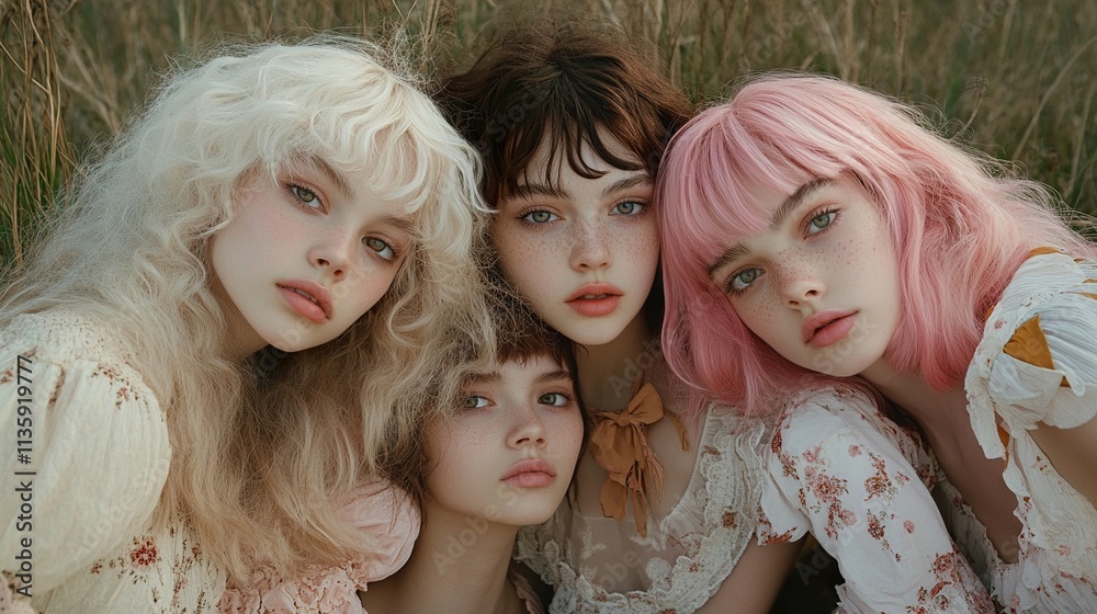 Obraz premium Four young women with different hair colors posing together in a field