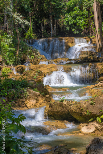 Huay Mae Khamin Waterfall in the rainforest in Si Nakharin National Park, north of Kanchanaburi, Thailand
