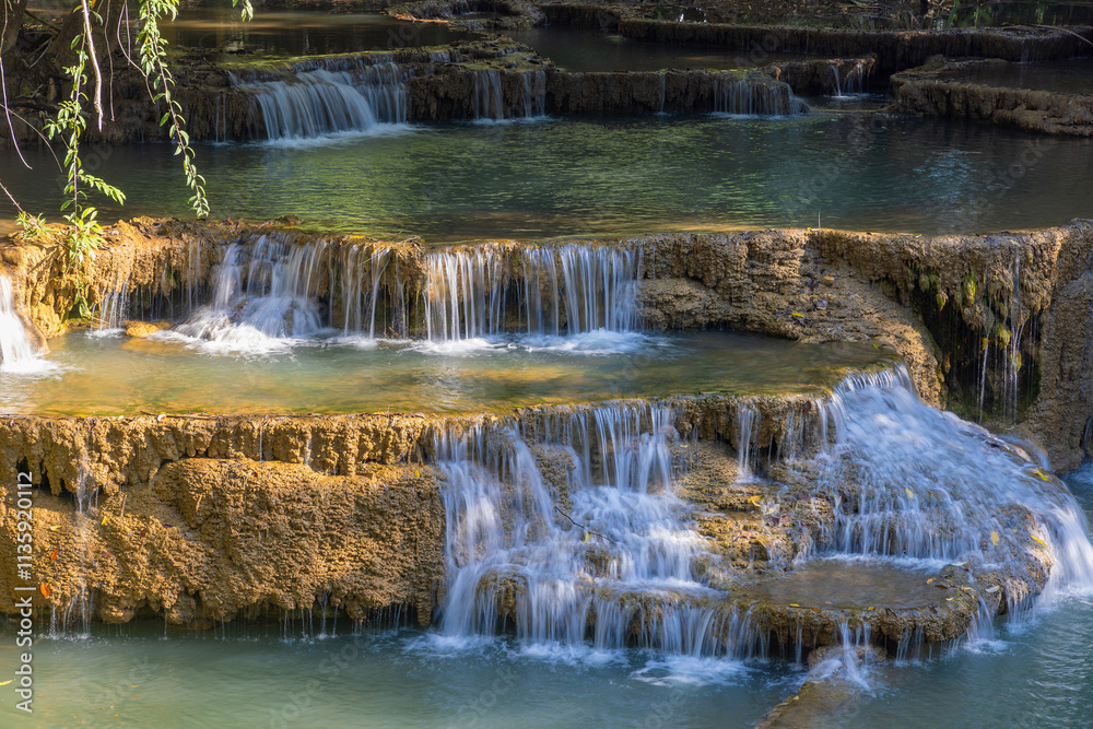 Obraz premium Huay Mae Khamin Waterfall in the rainforest in Si Nakharin National Park, north of Kanchanaburi, Thailand