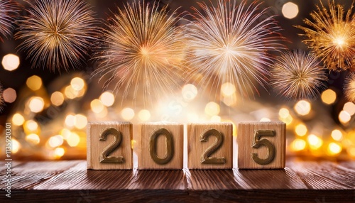 
2025New Year celebration with wooden number blocks, golden fireworks, and festive defocused lights creating a dreamy atmosphere. photo