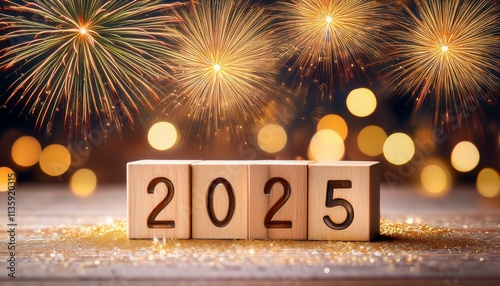 
2025New Year celebration with wooden number blocks, golden fireworks, and festive defocused lights creating a dreamy atmosphere. photo