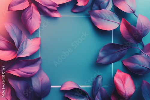 Vibrant Pink and Blue Leaf Arrangement with Empty Center Space Ideal for Creative Designs, Nature Themes, or Wellness Products Backgrounds photo