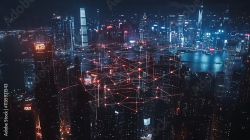 Smart digital Innovation city with connection network reciprocity over the cityscape. of future smart wireless digital city and social media networking systems that connects people with in city