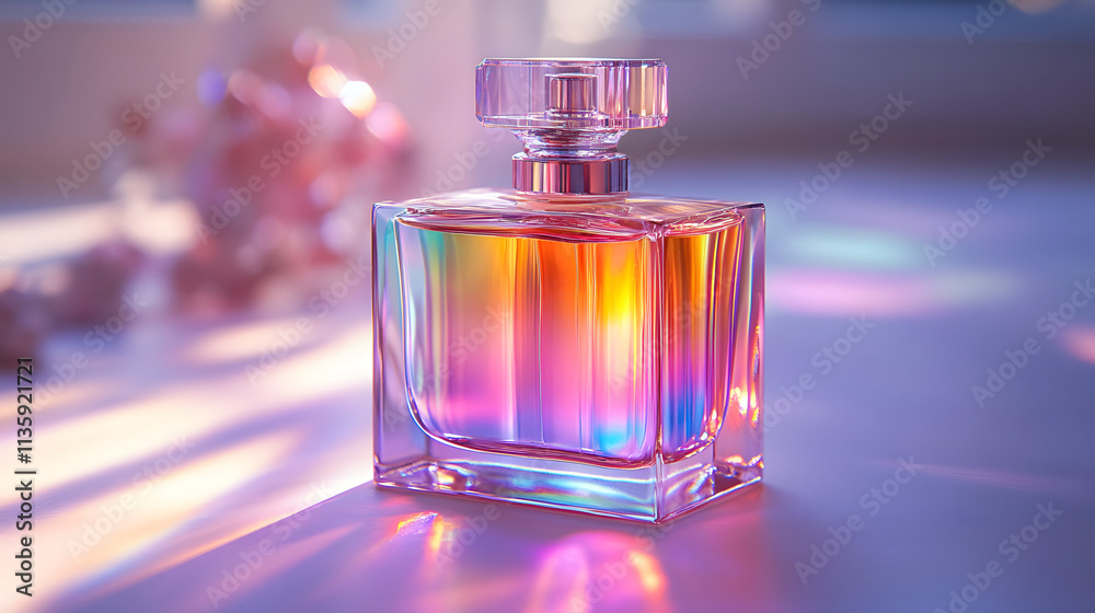 A bottle of square-shaped perfume with an iridescent glass finish, placed on a reflective surface under soft lighting.
A bottle of square-shaped perfume with an iridescent glass finish, placed on a reflective surface under soft lighting.