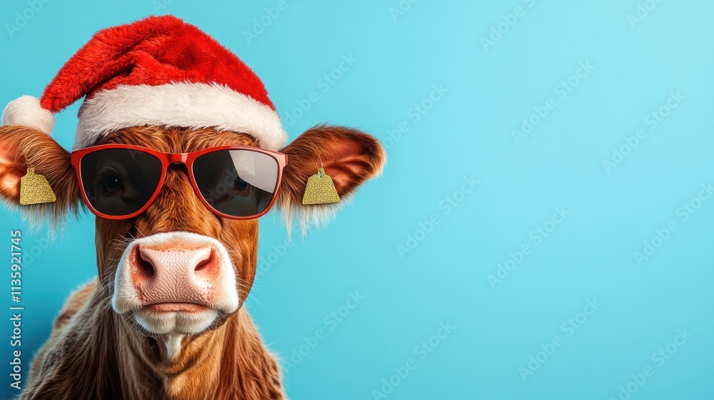 Cool cow wearing Santa hat and sunglasses on blue background. Cool cow wearing Santa hat and sunglasses on blue background.