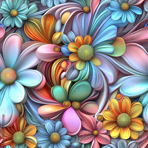 Colorful floral pattern with vibrant flowers and swirling shapes, creating lively and cheerful atmosphere. Perfect for backgrounds and decorative designs