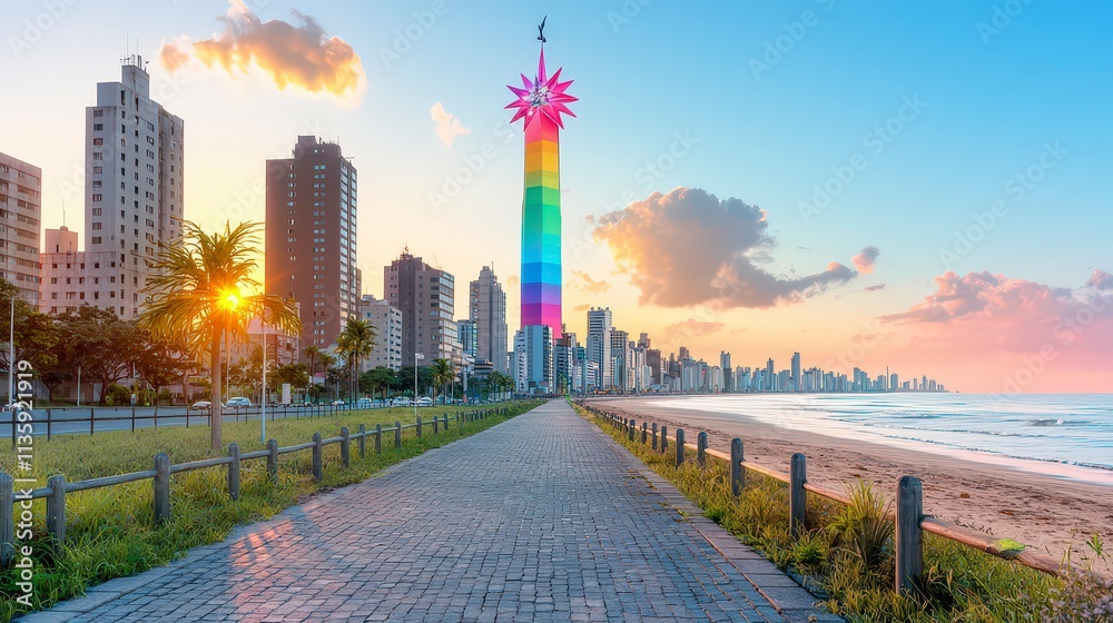 Fototapeta premium Vibrant Cityscape Coastal Sunrise Rainbow Tower Beach Promenade