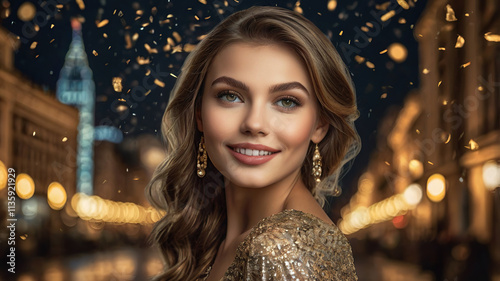 Girl in Golden Dress Celebrating New Year