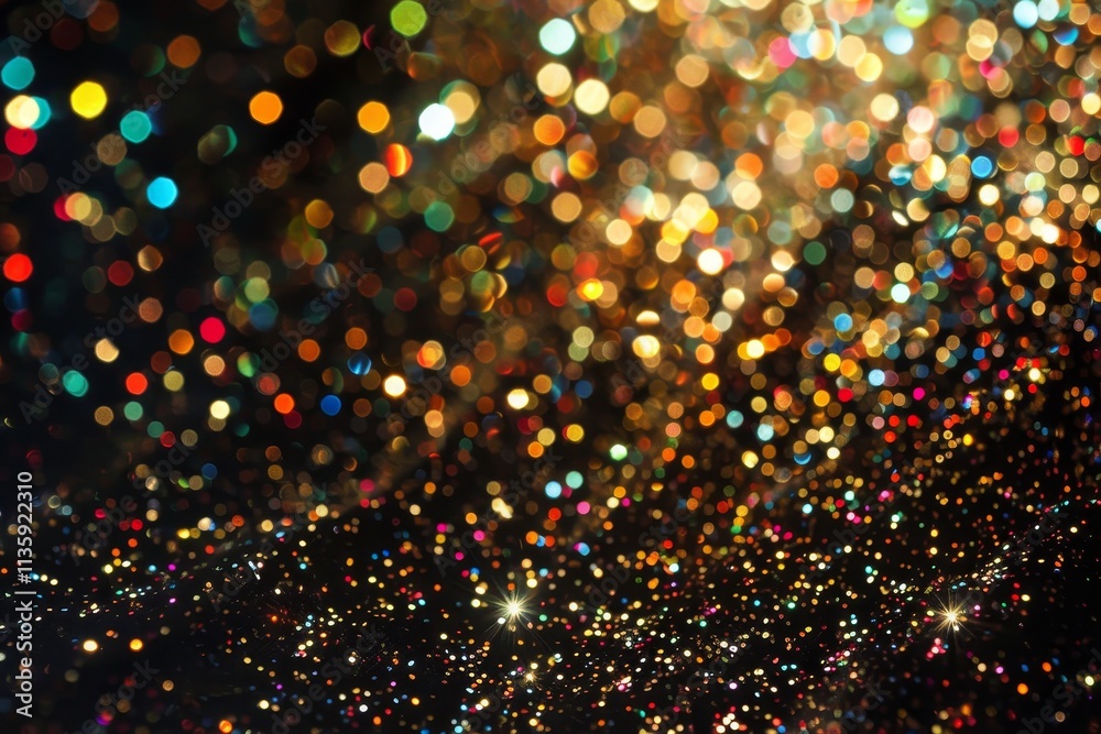 Naklejka premium A close-up shot of shimmering metallic glitter creating a dazzling bokeh effect with a vibrant rainbow of colors, A dazzling display of metallic flecks