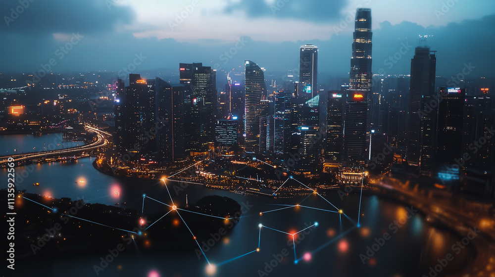 Fototapeta premium Smart digital Innovation city with connection network reciprocity over the cityscape. of future smart wireless digital city and social media networking systems that connects people with in city