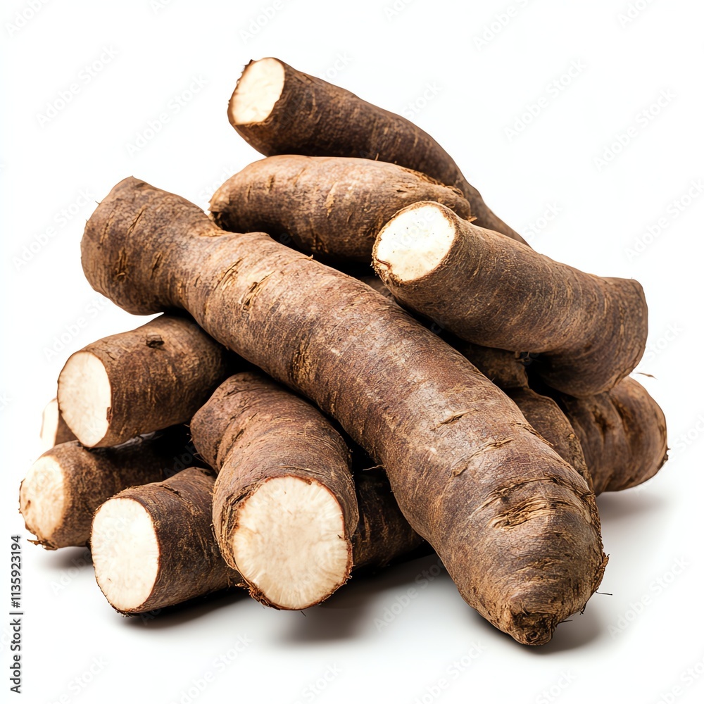 Fresh taro roots stacked on a white isolated background. Fresh taro roots stacked on a white isolated background.