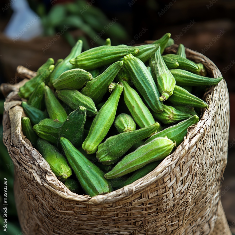 Fresh green okra in a woven basket, perfect for healthy cooking and recipes. Fresh green okra in a woven basket, perfect for healthy cooking and recipes.