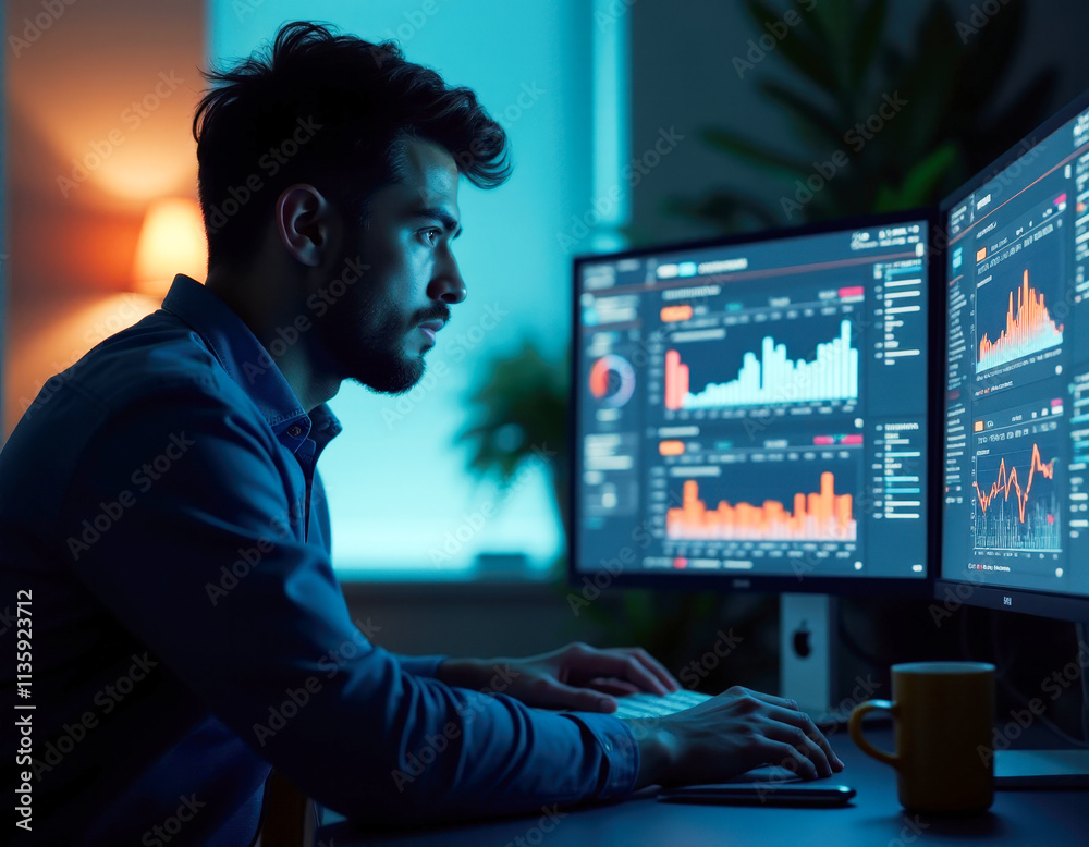 A man works on multiple computer screens, exploring data and graphs, presenting data analysis A man works on multiple computer screens, exploring data and graphs, presenting data analysis
