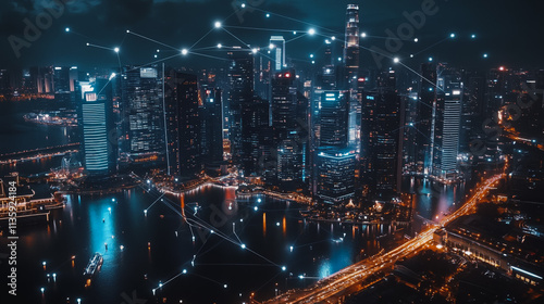 Wallpaper Mural Smart digital Innovation city with connection network reciprocity over the cityscape. of future smart wireless digital city and social media networking systems that connects people with in city Torontodigital.ca