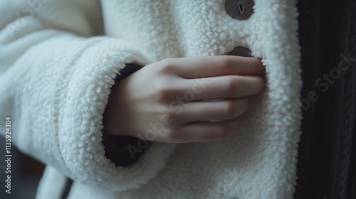 Closeup of hand in soft fleece winter coat	 photo