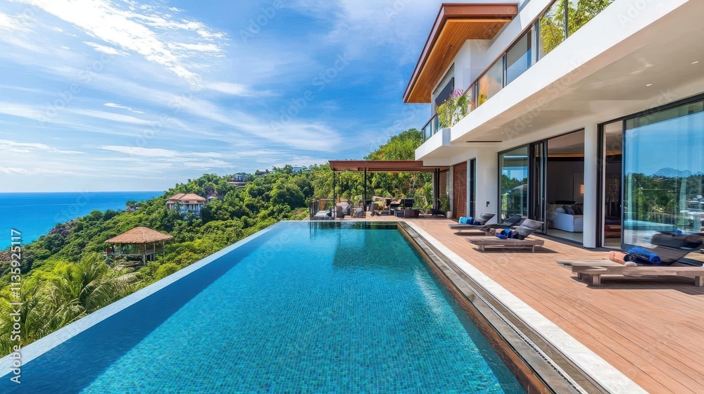 Fototapeta premium Luxury Cliffside Villa with Infinity Pool and Ocean View Stunning Tropical Getaway