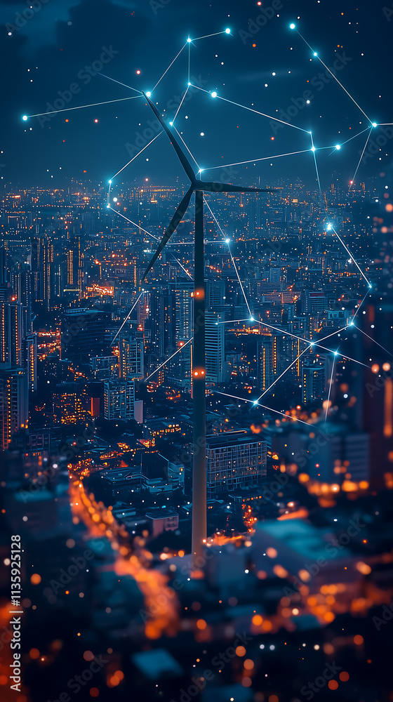 Fototapeta premium Futuristic wind turbine with glowing energy grid over a smart city at night