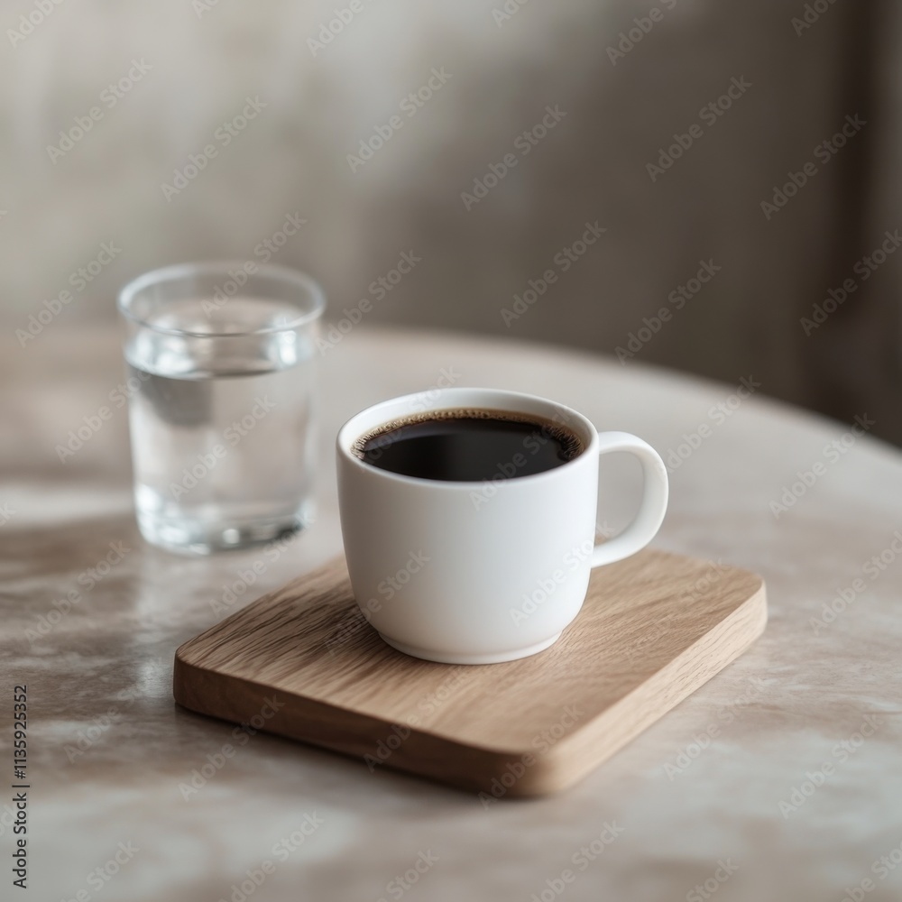 A cup of black coffee served in a minimalist white mug, Minimalist cafe setting, Cup centered A cup of black coffee served in a minimalist white mug, Minimalist cafe setting, Cup centered