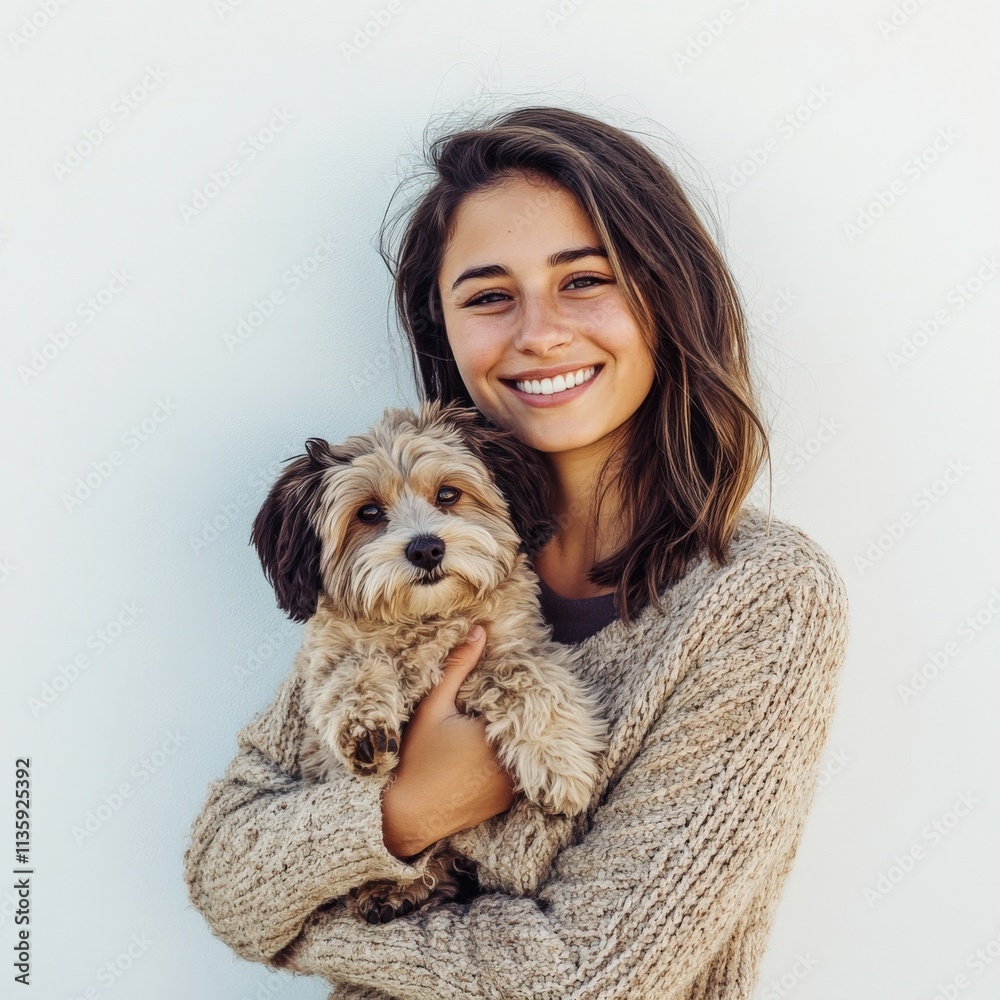 woman holding a fluffy dog in front of a white wall woman holding a fluffy dog in front of a white wall