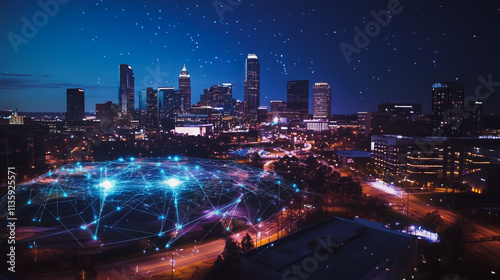 Wallpaper Mural Smart digital Innovation city with connection network reciprocity over the cityscape. of future smart wireless digital city and social media networking systems that connects people with in city Torontodigital.ca