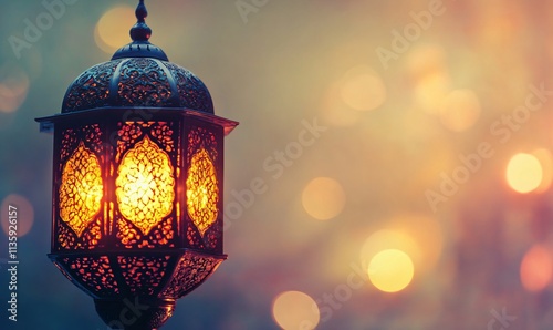 Intricate Metal Lantern with Warm Light, Festive Bokeh Background photo