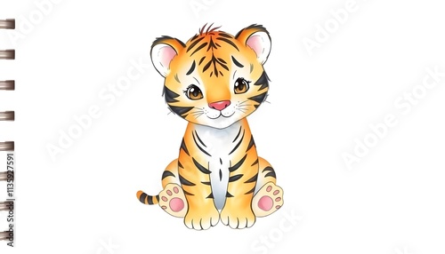 Adorable Baby Tiger Cub Illustration: A Cute Watercolor Style Drawing of a Young Tiger
