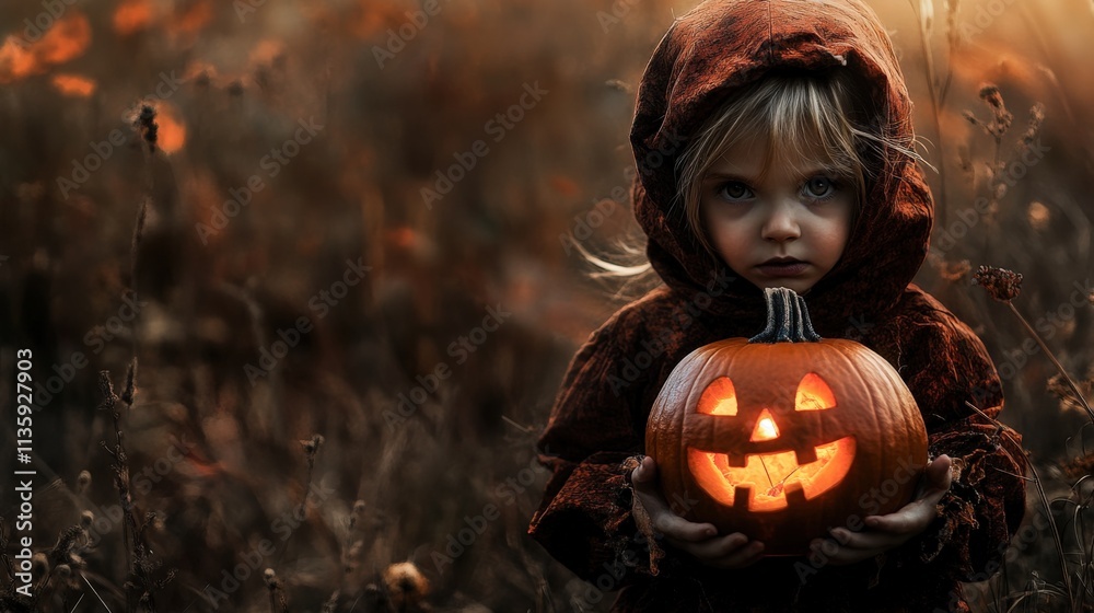 Naklejka premium a child holding a jack-o'-lantern in a field