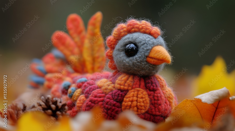 Fototapeta premium Crocheted plush bird in autumn foliage, artistic