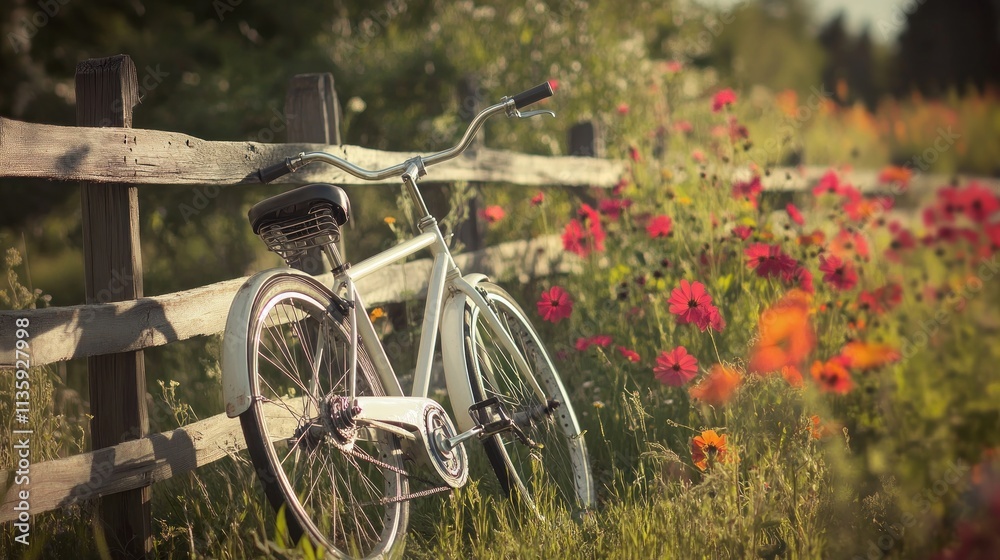 Fototapeta premium Vintage bicycle leaning against a wooden fence beside a vibrant wildflower meadow at sunset.