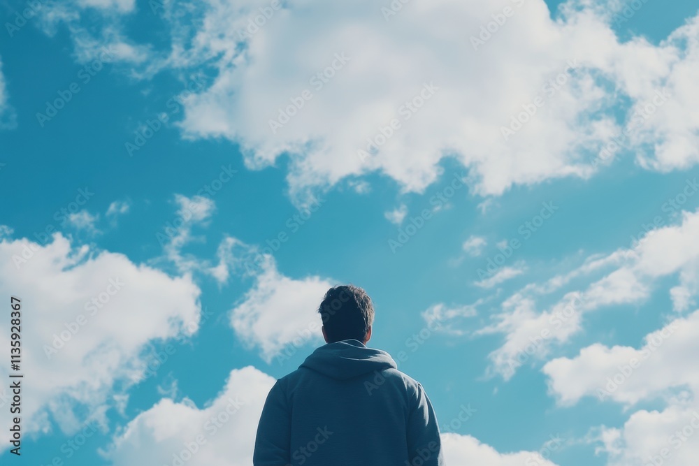Man gazing at fluffy clouds in blue sky Man gazing at fluffy clouds in blue sky