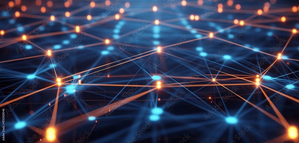 Fototapeta premium A sophisticated network diagram with glowing lines and pulsing nodes, visualizing the flow of data traffic in a well-organized digital infrastructure.