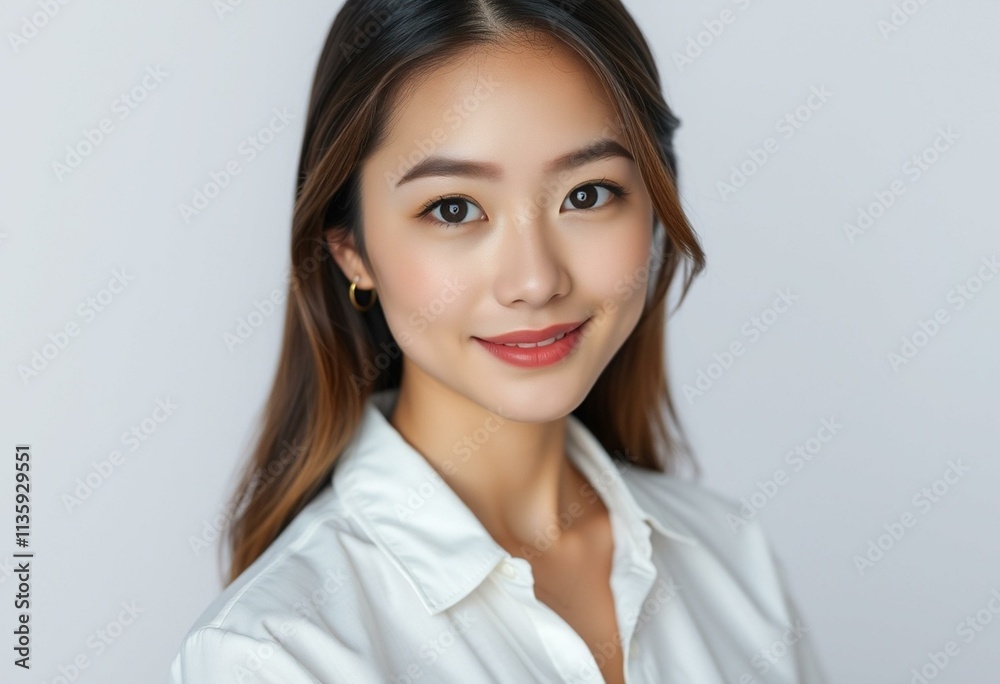 Realistic half-length portrait of a young woman with a neutral expression Realistic half-length portrait of a young woman with a neutral expression