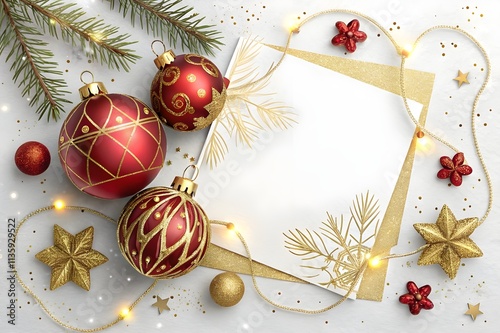 Christmas card with red & gold christmas decorations on white background., and empty copy  text space