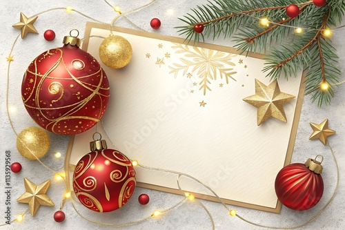 Christmas card with red & gold christmas decorations on white background., and empty copy  text space