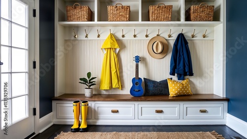 a well-organized, stylish entryway nook with a built-in white shelving unit. The layout features two open shelves at the top, each holding three woven baskets.