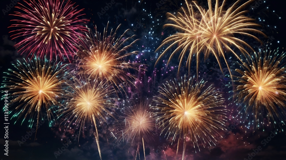 Beautiful fireworks in the night sky. New year celebration. Dazzling bright firework, party background, copy space. Beautiful fireworks in the night sky. New year celebration. Dazzling bright firework, party background, copy space.