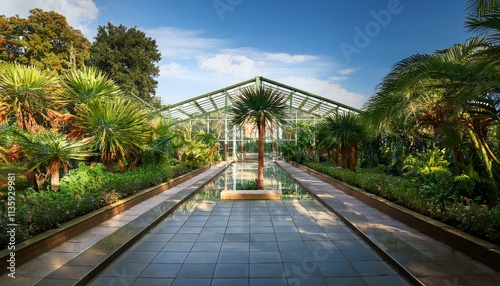 Generated image A peaceful summer day at the Poznań Palm House, surrounded by exotic greenery