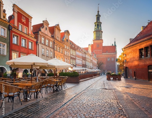 Generated image  A cozy café in the Old Town in Poznan, with outdoor seating and steaming mugs of coffee