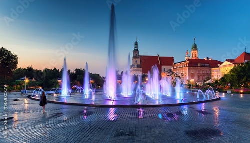 Generated image The illuminated Poznań fountains at Plac Wolności in Poznan during a warm summer evening