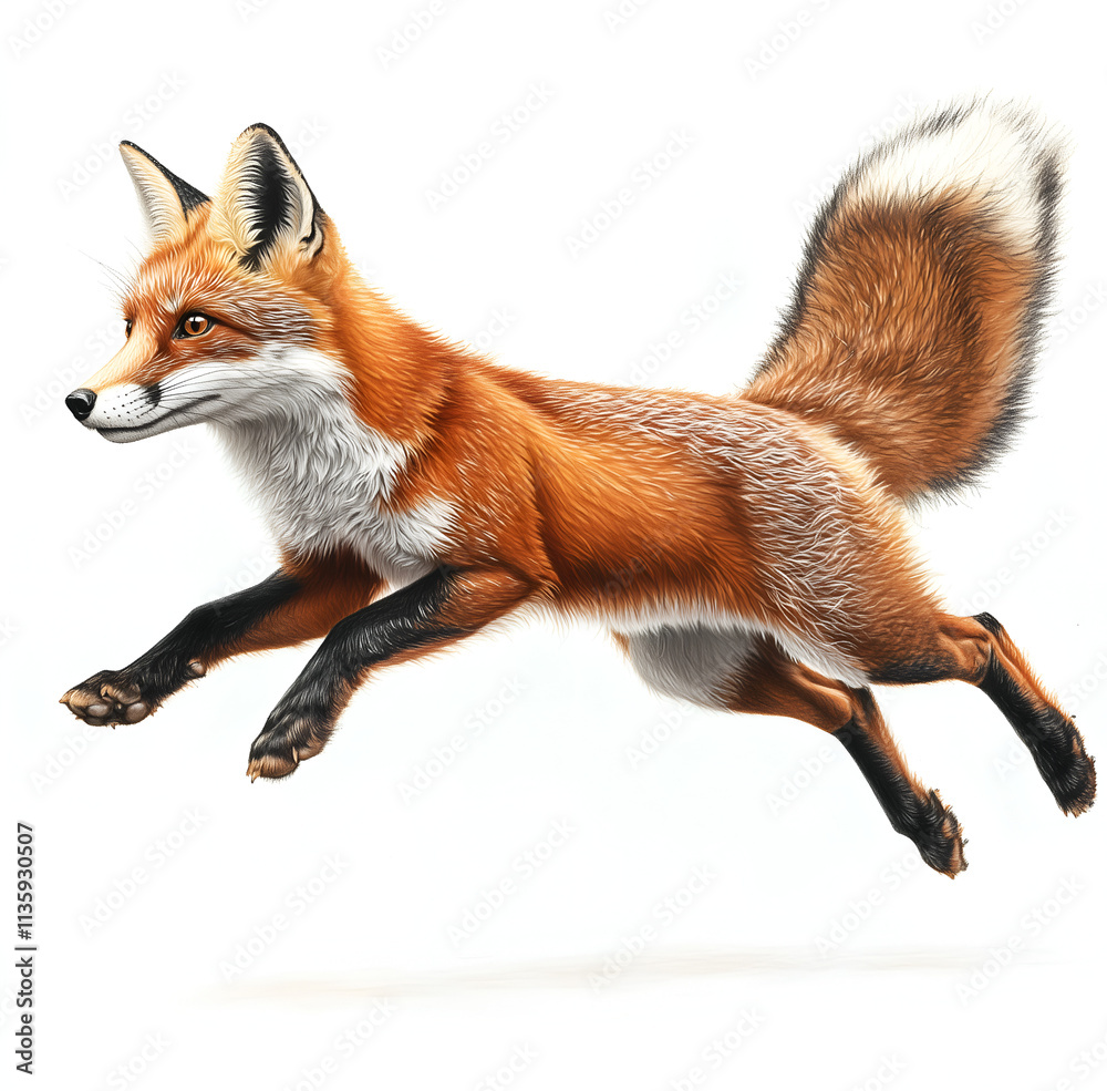 Obraz premium Illustration of a fox jumping, full-body side view, on a white background