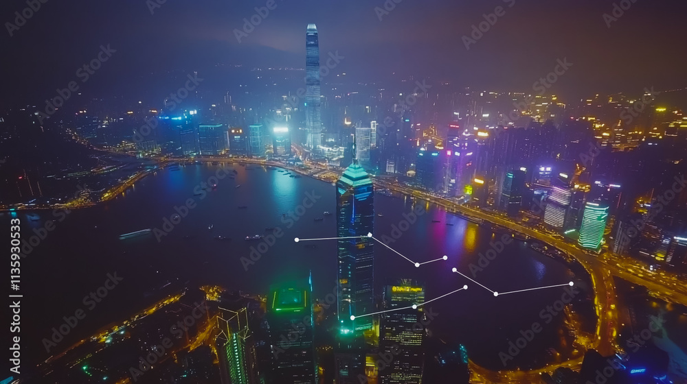 Obraz premium Smart digital Innovation city with connection network reciprocity over the cityscape. of future smart wireless digital city and social media networking systems that connects people with in city