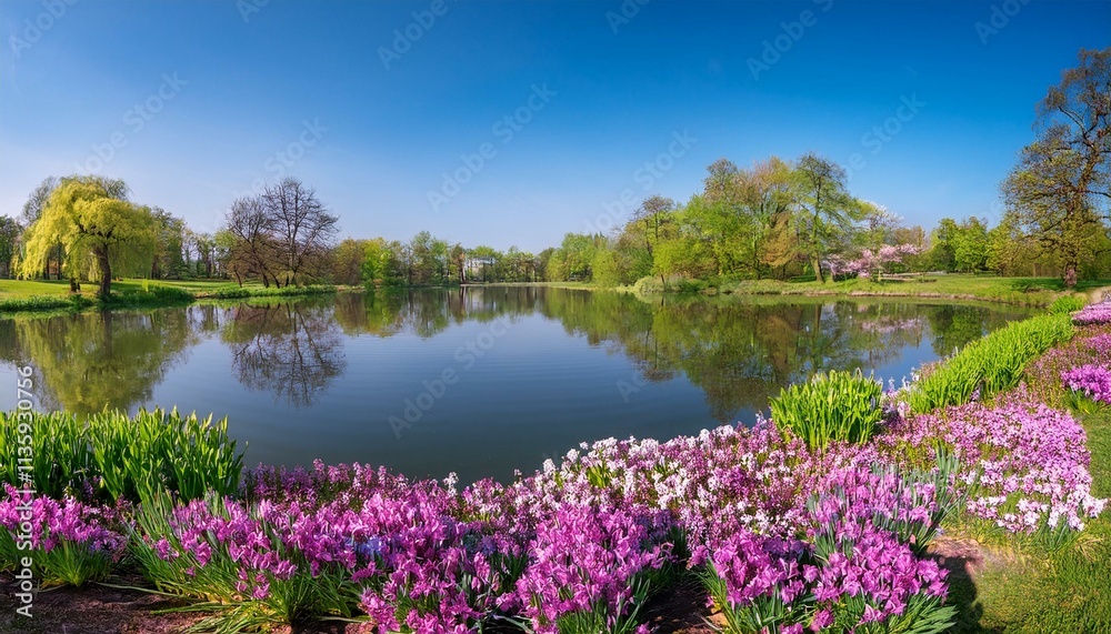 Generated image A vibrant spring scene at Lake Malta in Poznan, with blooming flowers and reflections Generated image A vibrant spring scene at Lake Malta in Poznan, with blooming flowers and reflections