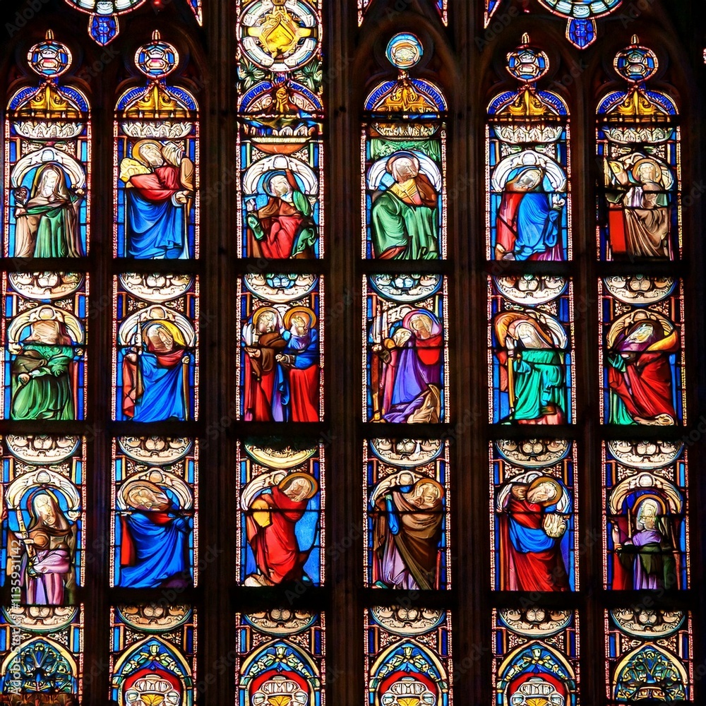 Generated image A close-up of the intricate stained glass windows in the Poznań Cathedral Generated image A close-up of the intricate stained glass windows in the Poznań Cathedral
