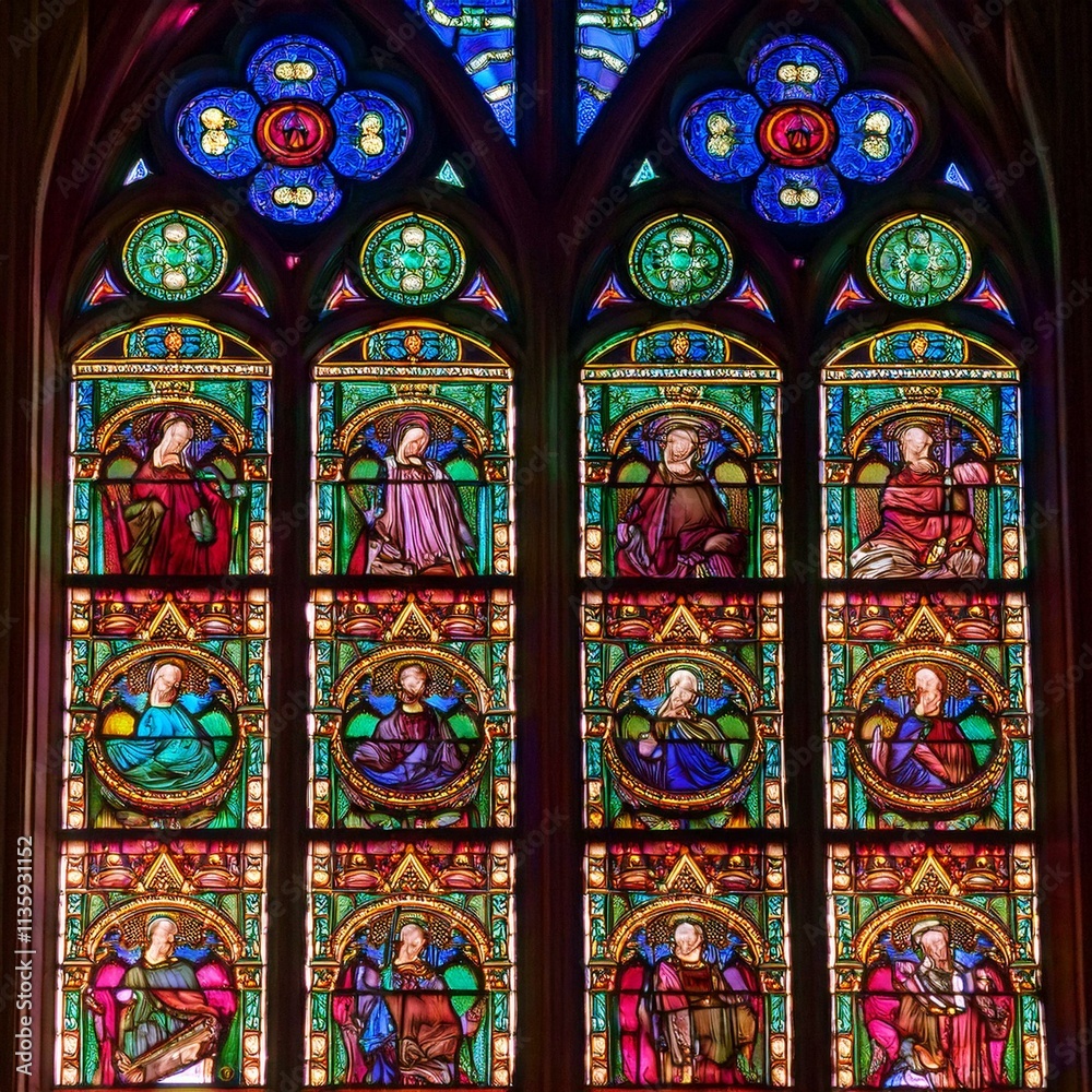 Generated image A close-up of the intricate stained glass windows in the Poznań Cathedral Generated image A close-up of the intricate stained glass windows in the Poznań Cathedral